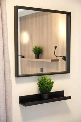 a mirror on a wall with two potted plants on a shelf at Sweet and modern flat at Palaio faliro in Athens