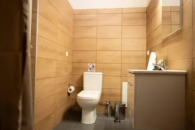 a bathroom with a toilet and a sink at Anesis Airport rooms 102 in Koropíon