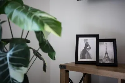 a plant sitting next to a picture on a table at Theia 1-Bedroom Apartment in Athens in Athens
