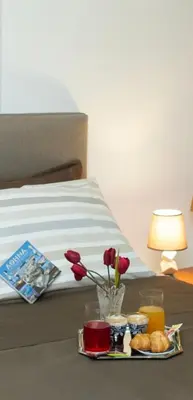 a tray with flowers and a plate of food on a bed at Aqua Apartment Kallithea Athens in Athens