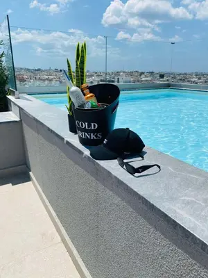 a plant sitting on a ledge next to a swimming pool at NEW 2BD APRT with SHARED ROOFTOP POOL E2 in Athens