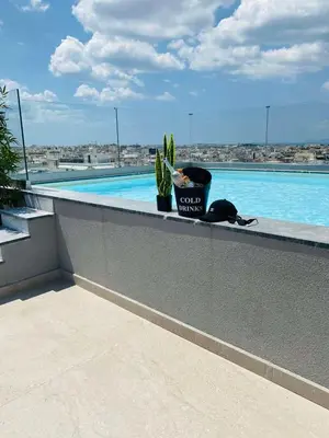 a cat sitting on a ledge next to a swimming pool at NEW 2BD APRT with SHARED ROOFTOP POOL E2 in Athens