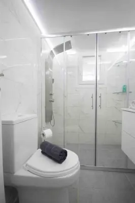 a white bathroom with a toilet and a shower at Alkuoni lux flat at PFaliro in Athens
