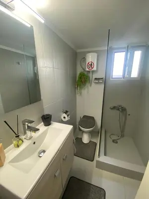 a bathroom with a sink and a shower and a toilet at D & A house 150m from Chalandri metro station in Athens
