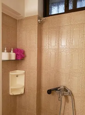 a bathroom with a shower in a wall at Beautiful Studio at Glyfada in Athens