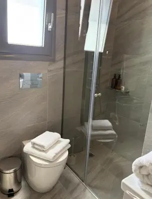 a bathroom with a toilet and a glass shower at Luxury Maisonette with Shared Pool in Athens