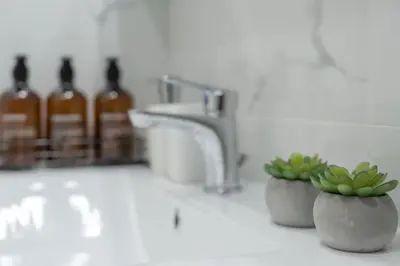 a bathroom with a sink and a plant in a pot at JV Luxury Apartment Acropolis in Athens