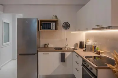 a kitchen with a stainless steel refrigerator and white cabinets at JV Luxury Apartment Acropolis in Athens