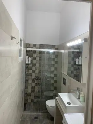 a bathroom with a shower and a toilet and a sink at Gina's cozy home in Athens