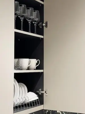 a cupboard with plates and cups on shelves at Lucky Central Home #22 VIPGreece in Athens