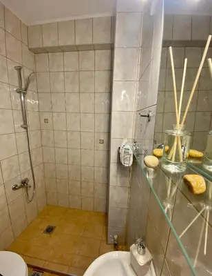a bathroom with a shower and a toilet and a sink at Nikos Apartment in Spáta