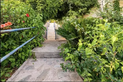 a stairway in a garden with flowers and plants at Traditional Seaview Maisonette in Saronida