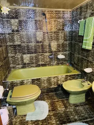 a bathroom with a green toilet and a tub at House Mario’s airport 2 in Spáta