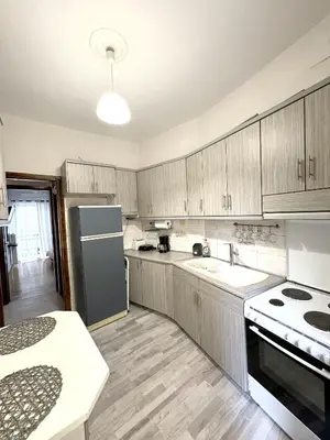 a kitchen with wooden cabinets and a refrigerator at An Athenian Gem by the Acropolis in Athens