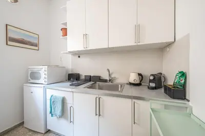 a kitchen with white cabinets and a sink and a microwave at Zen Exaricha in Athens