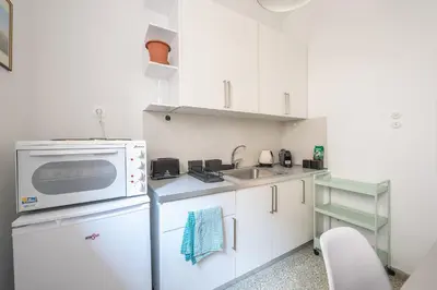 a small kitchen with a microwave and a sink at Zen Exaricha in Athens