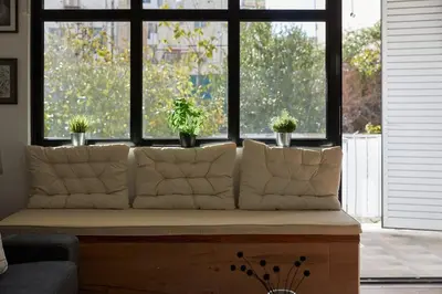 a couch in front of a window with potted plants at The sunny house in Athens