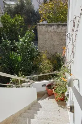 an outdoor stairway with potted plants on the side of a building at The sunny house in Athens