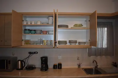 a kitchen counter with wooden cabinets with dishes on shelves at Cozy Project Kaisariani in Athens