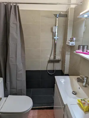 a bathroom with a shower and a toilet and a sink at Lavender-Emma cosy apartment near city center in Athens