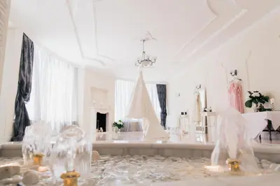 a white room with a large room with crystals at Luxurious Family friendly Villa Anavyssos in Anavissos