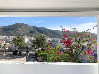 a view of a city from a window with flowers at Luxury Penthouse w/ sea view in Athens