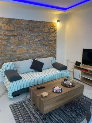 a living room with a couch in front of a stone wall at Alexandra apartment in Athens