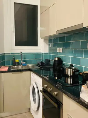 a kitchen with a sink and a washing machine at Antinoros Inn, Stylish apartment,3' to Metro in Athens