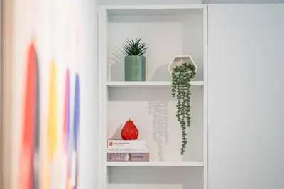 a book shelf with a potted plant and books at A Place 4U 42, 1 Bedroom & 1 Bathroom, near to Acropolis Athens in Athens