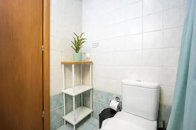a bathroom with a toilet and a plant on a shelf at Front-Row Acropolis View Balcony - Central Athens in Athens