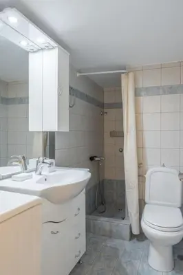 a bathroom with a sink and a toilet and a mirror at Urban Oasis Terrace 2Bebroom apartment in Athens