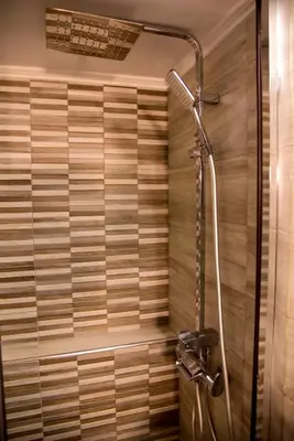 a shower in a bathroom with a wooden wall at Lovely Apartment in Athens