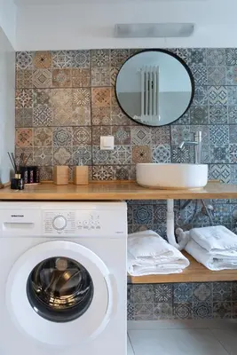a washing machine in a kitchen with a mirror at City Break Apartment 4' to Metro in Athens