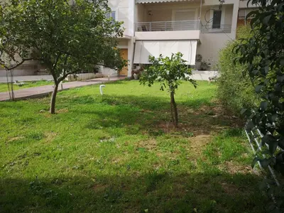 two trees in the grass in front of a building at Ground floor apt. with garden, Timfristou 86 Chalandri in Athens