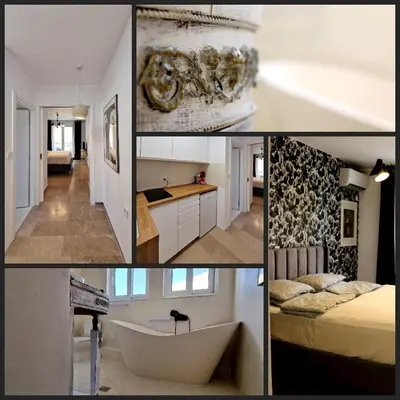 a collage of pictures of a room with a bath tub at Luxurious studio apartment close to the beach and airport in Porto Rafti