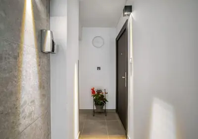 a hallway with a door and a potted plant at modern boutique apartment in Athens