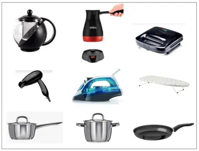 a collage of different kitchen utensils and appliances at modern boutique apartment in Athens