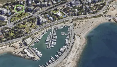 an aerial view of a harbor with boats in the water at Cosy apartment in Glyfada in Athens