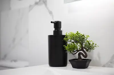a black spray bottle and a potted plant on a counter at Athens Gem Retreat in Athens