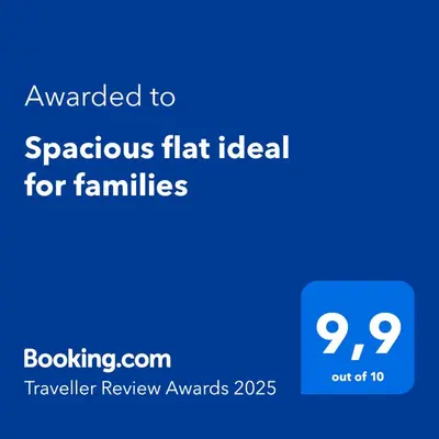 a screenshot of a phone with the text awarded to spontaneous flat ideal for families at Spacious flat ideal for families in Athens