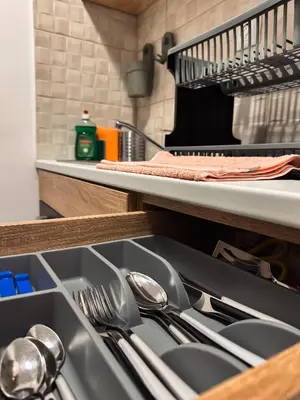 a kitchen sink with spoons and utensils in it at Kallithea Zen Studios-Near Filopappou & Koukaki in Athens