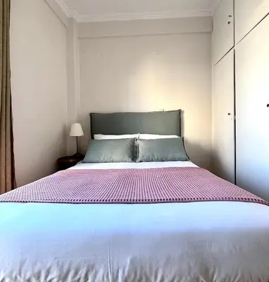 a bedroom with a large bed with purple sheets at Bright 2 bdr Pagrati apartment in Athens