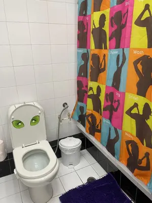 a bathroom with a toilet and a shower curtain at Nicko’s room in Piraeus