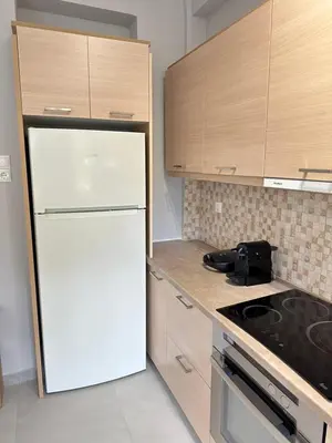 a white refrigerator in a kitchen with wooden cabinets at Seaside Luxury Apartments in Porto Rafti