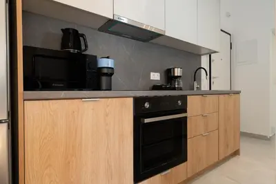 a kitchen with a black oven and a microwave at Athenian Gem, Fully Renovated 2 Bedroom Apartment Near Acropolis in Athens