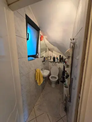 a bathroom with a toilet and a window at Pela's studio 10 minutes from the Athens airport in Leondárion