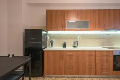 a kitchen with wooden cabinets and a black refrigerator at Golden Comfort With Courtyard By Greece Apartments in Athens