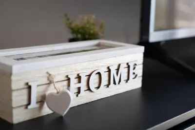 a wooden box with the word home with a heart at Modern 7th-floor apartment with city view (FORM_G2) in Athens