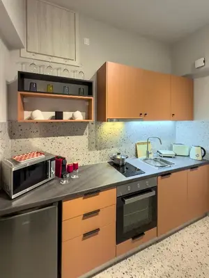 a kitchen with a stove and a microwave at Luxury Studio with Panoramic Views in Athens