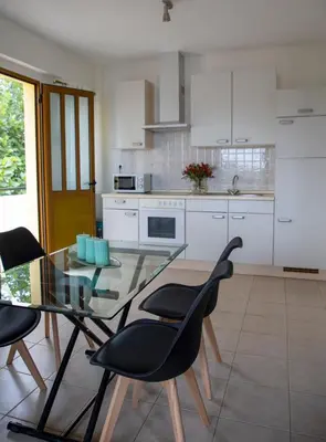 a kitchen with a glass table and black chairs at Anesis Apartments in Agia Marina Aegina